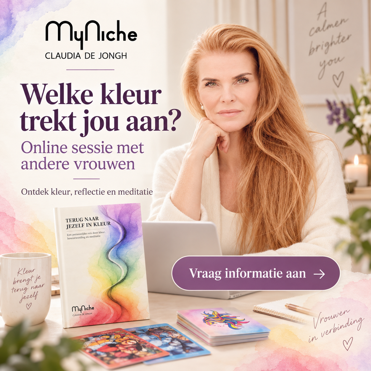 Claudia de Jongh met het boek Terug naar jezelf in kleur en kleurkaarten